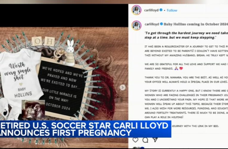 Retired US soccer star Carli Lloyd announces she and her husband are expecting baby in October
