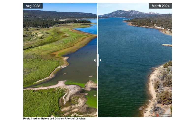 Big Bear Lake before and after a 15-foot increase in water depth thanks to winter storms