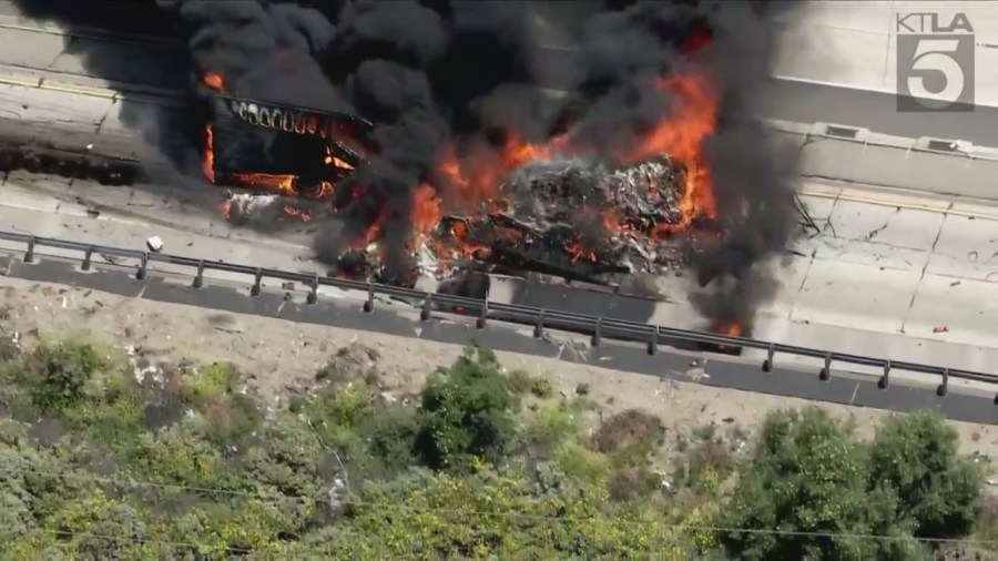 semi-truck-carrying-meat incinerated-by-massive-fire-on-5-freeway in-los-angeles