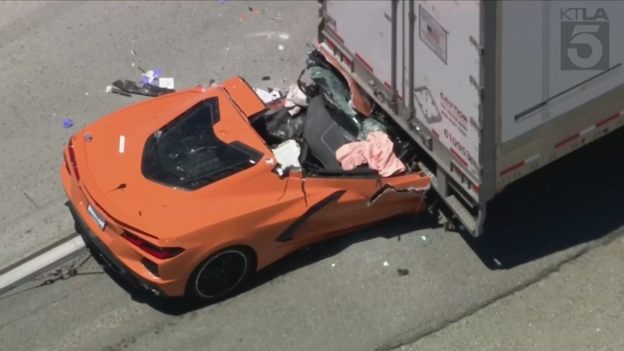 driver-hospitalized-after-sports-car-smashes-into-back-of-semi-truck