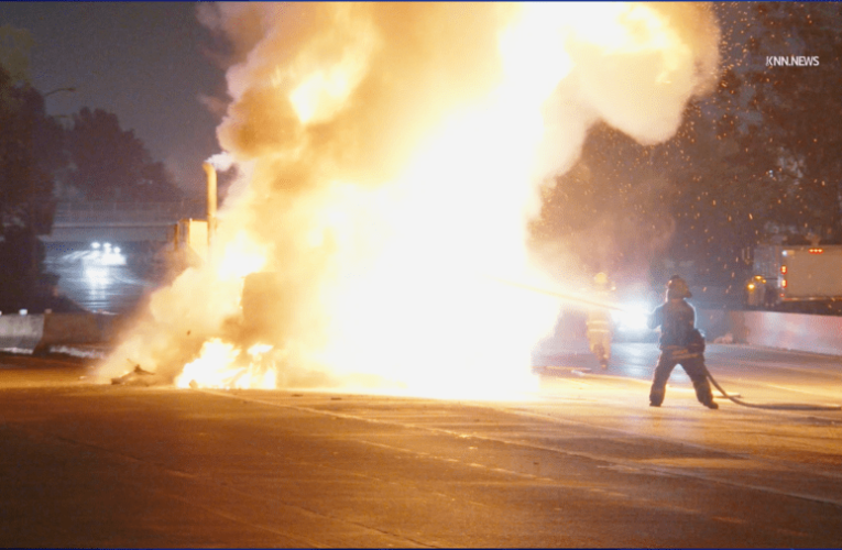 Gravel truck bursts into flames causing SigAlert on busy Los Angeles freeway