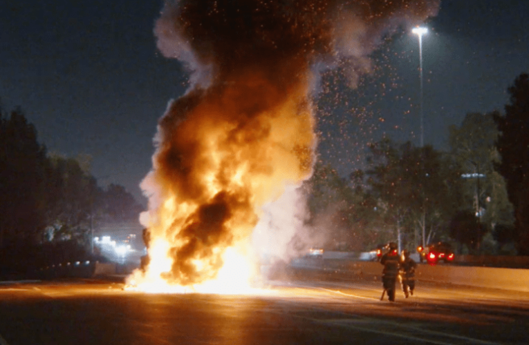 Gravel truck bursts into flames causing Sigalert on busy Los Angeles freeway