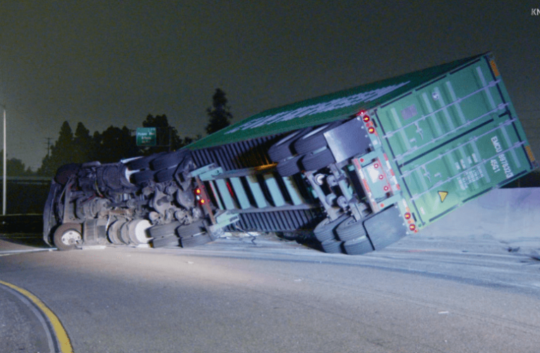 Overturned big rig closes 91 Freeway transition in Los Angeles County