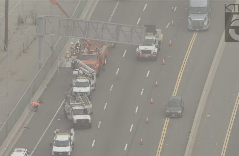 Sign hanging in way of road forces lane closures on 47 Freeway in San Pedro