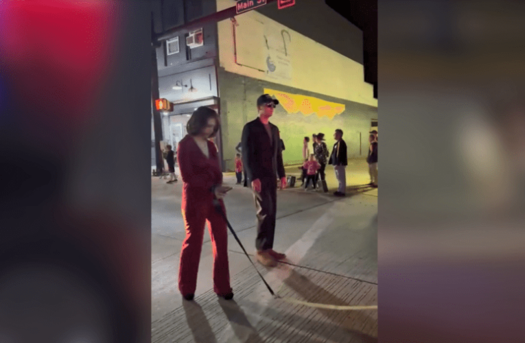 Video: Kamala Harris depicted as shackled to a golf cart during Halloween parade 