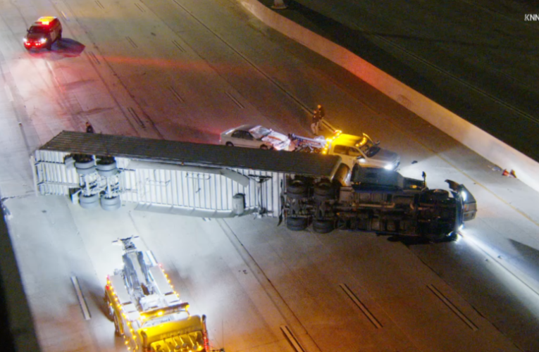 Overturned big rig closes EB 10 Freeway in Baldwin Park