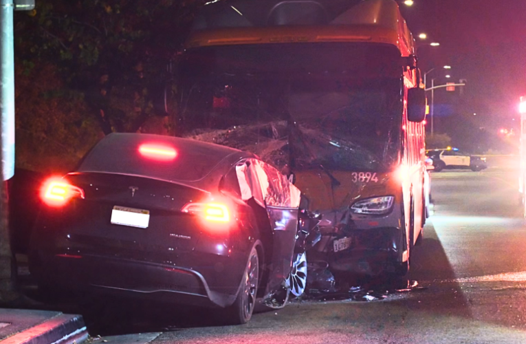 Tesla slams head-on into L.A. Metro bus in Rancho Park