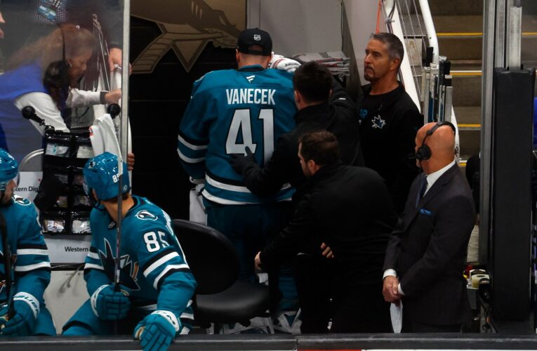 San Jose Sharks goalie struck in face by redirected puck