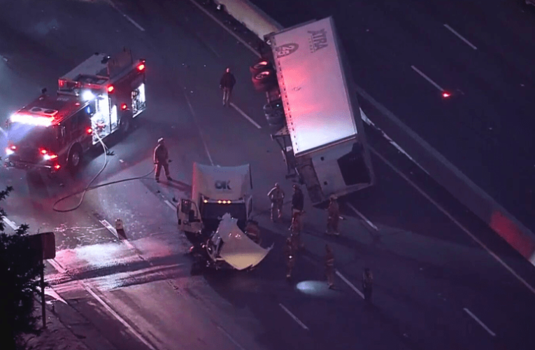 Big rig crash, fuel spill close WB 101 Freeway through Encino