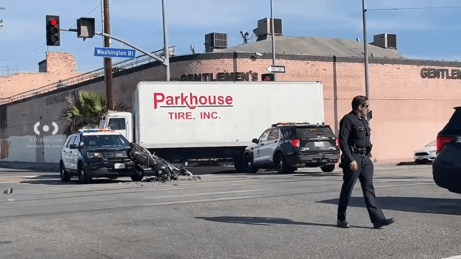 lapd-vehicle-and-motorcycle-collide-at-intersection,-1-person-hospitalized